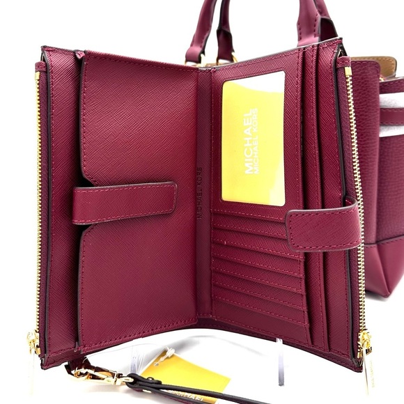 Michael Kors Reed Small Satchel Crossbody Bag & LG Double Zip Wallet Dark Cherry - Picture 14 of 16